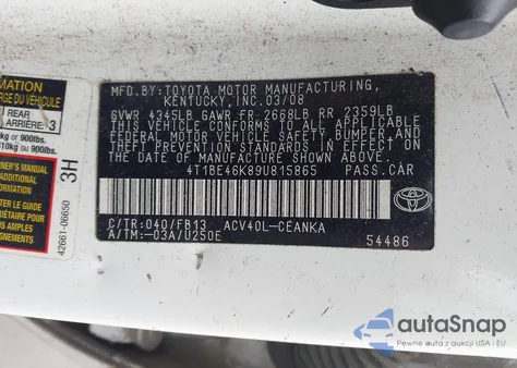 2009 Toyota Camry Le from USA, damaged, VIN 4T1BE46K89U815865